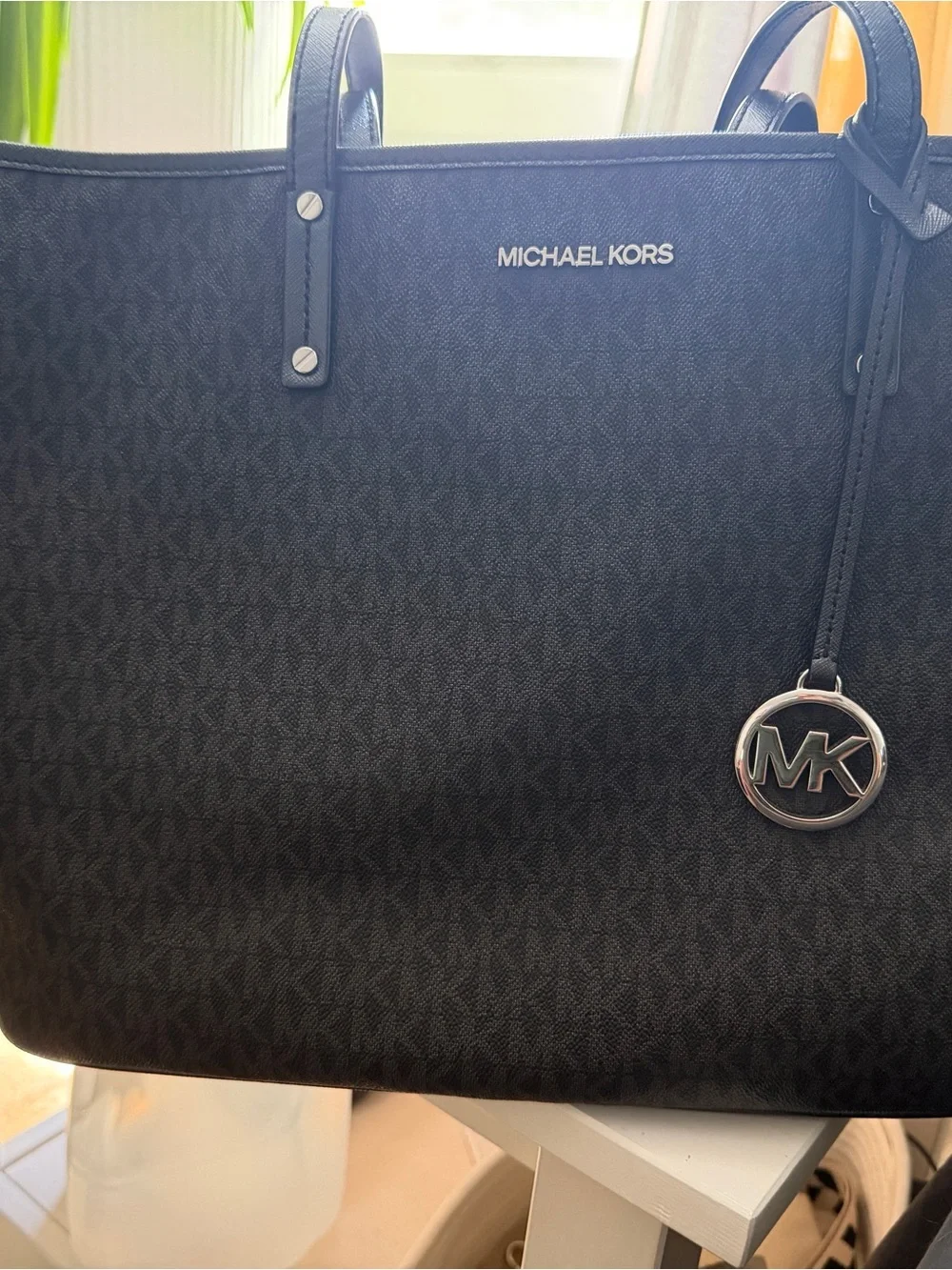 Michael Kors Black Monogram Tote with Silver MK Charm